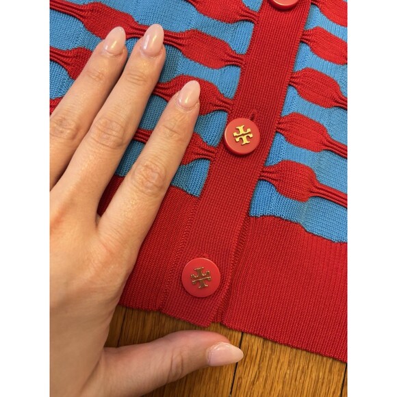 Tory Burch Bubble Stripe Cardigan Sweater Maraschino Red Candy Blue M - Picture 5 of 8